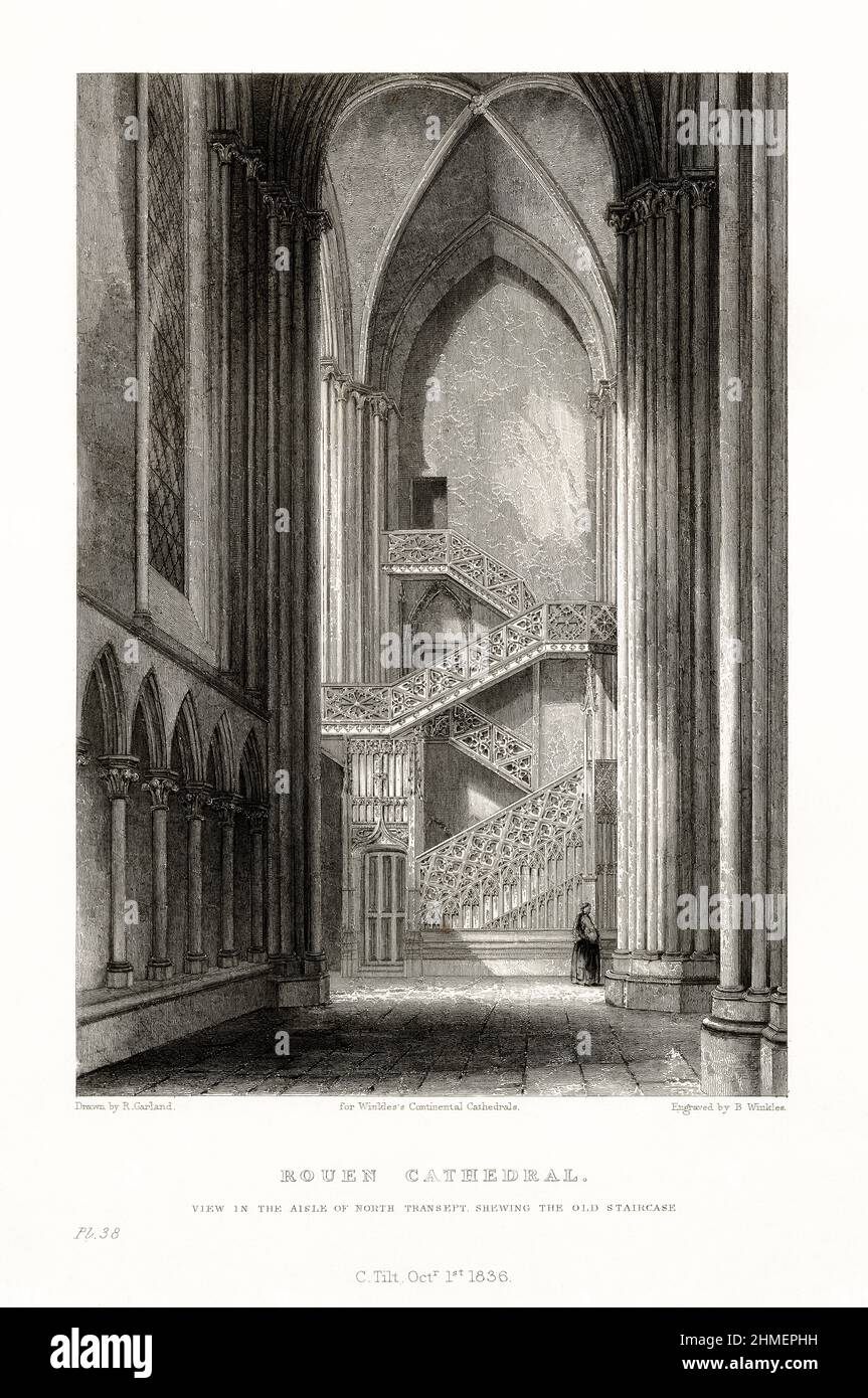 French Cathedral, Chartres Cathedral, Rouen, France, Antique French Engraving, 1837 Stock Photo
