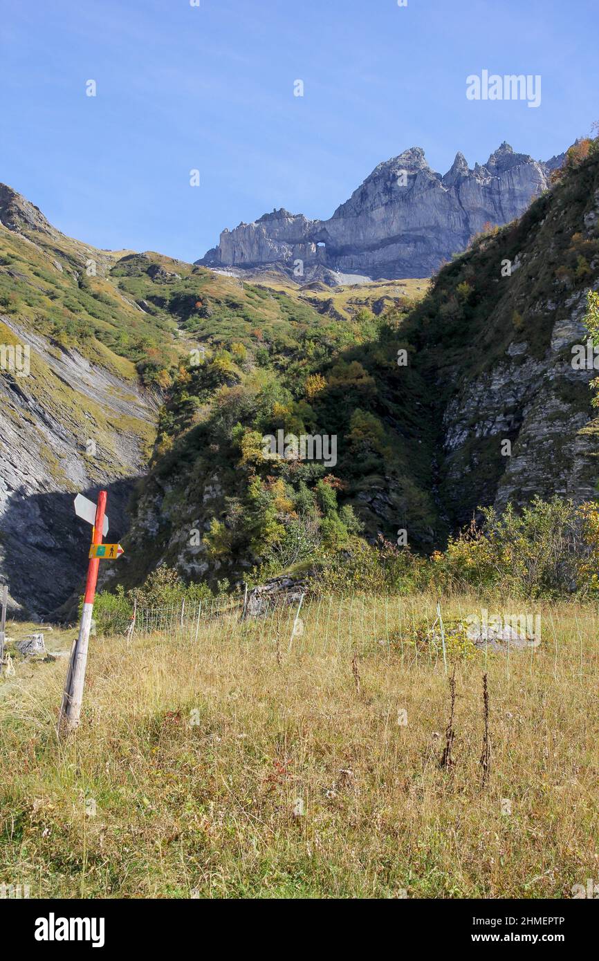 Martinsloch, Canton Glarus, Switzerland. It is a breakthrough in the Alpine chain of the Tschingelhoerner s in the form of a triangle about 6 meters w Stock Photo