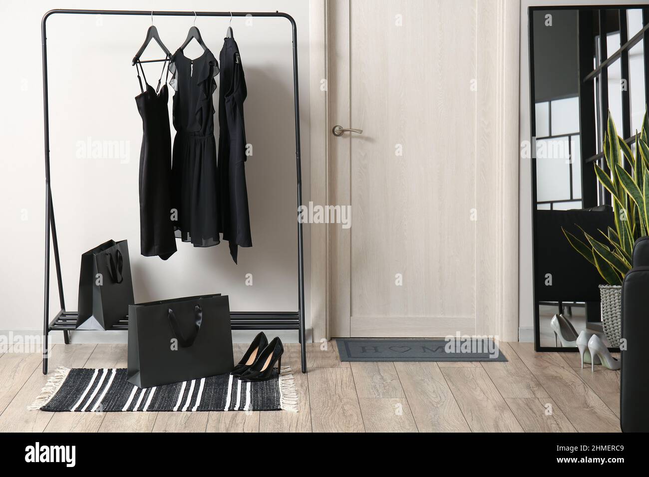 Interior of modern hall with rack and female clothes Stock Photo - Alamy