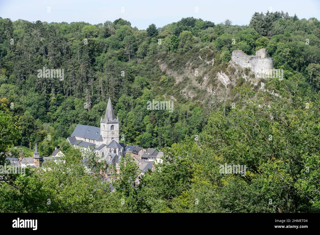 Panoramic View on the village of Bouvignes and the castle of Crevecoeur | Vue panoramique sur le village de Bouvignes et le chateau de Crevecoeur Stock Photo