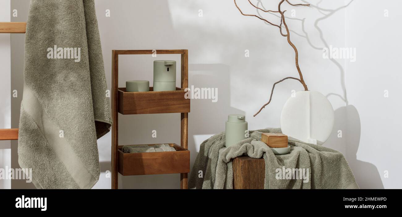 Modern aesthetic bathroom accessories in eucalyptus light green shade