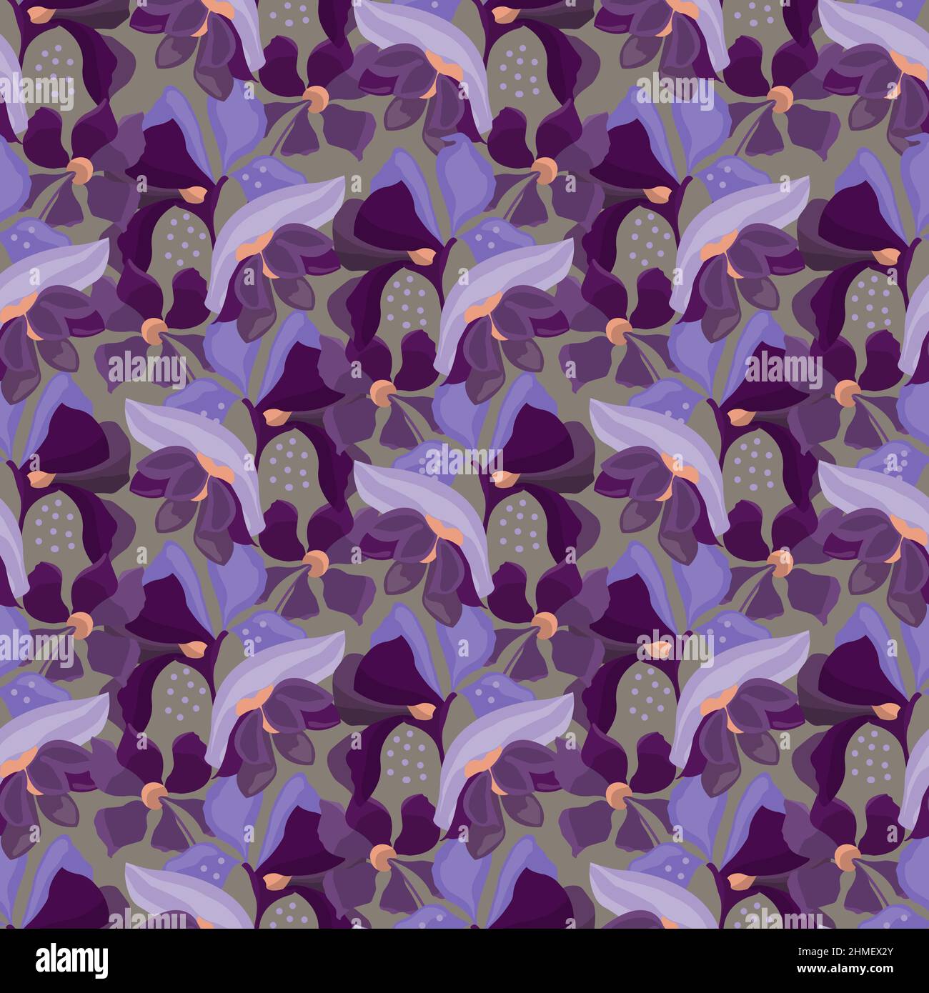 Vector floral seamless pattern. Purple and burgundy flowers on a gray background.  Stock Vector