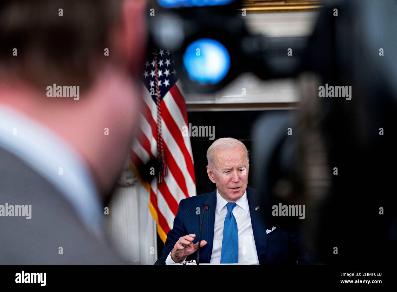 United States President Joe Biden speaks while meeting with chief executive officers of electric utilities in the State Dining Room of the White House in Washington, DC, U.S., on Wednesday, Feb. 9, 2022. Biden is meeting with the leaders of some of the nation's largest utilities as the White House mounts a renewed push to get its climate-spending laden reconciliation package back on track. Credit: Andrew Harrer/Pool via CNP /MediaPunch Stock Photo