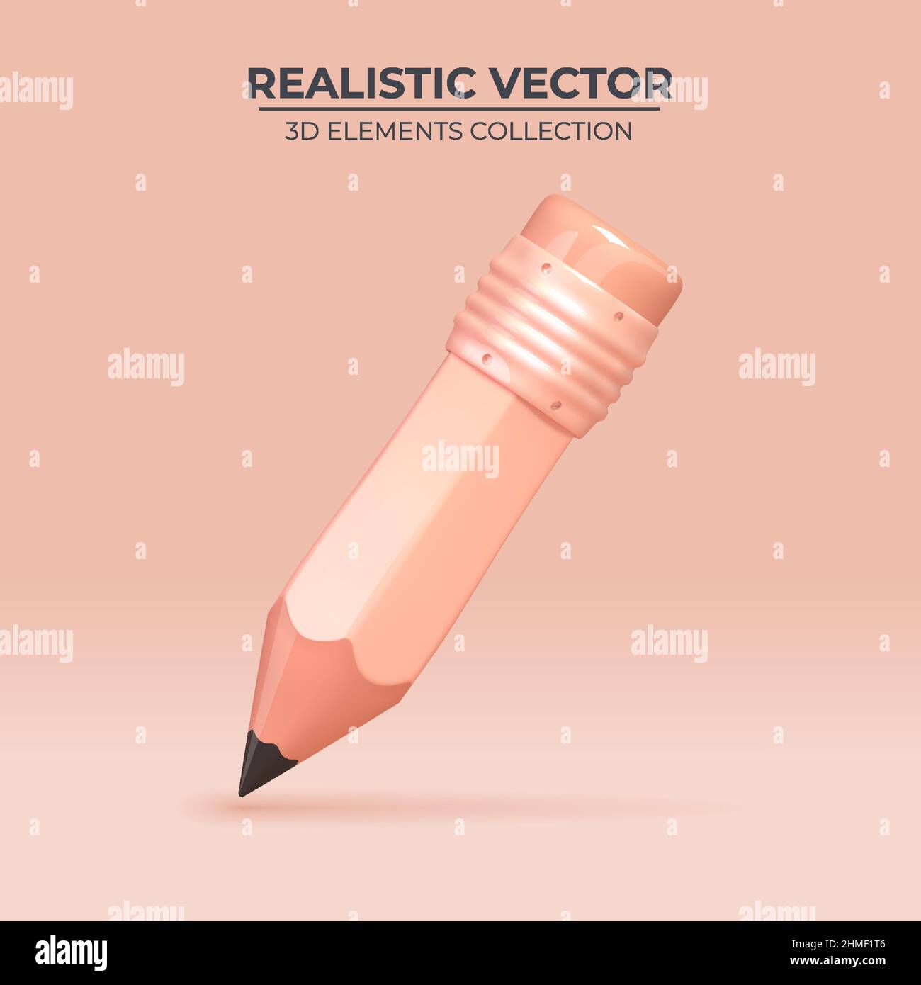 3d vector realistic pencil with rubber eraser. Sharpened detailed office mockup in Trendy colors, school instrument, creativity, idea, education and design symbol. Isolated illustration Stock Vector