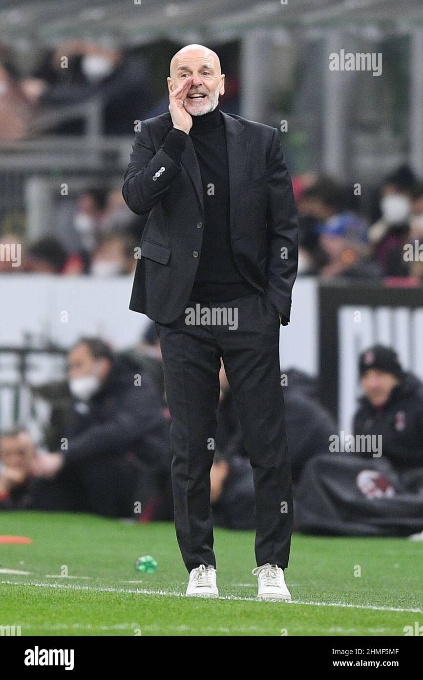 Milan, Italy. 09th Feb, 2022. Stefano Pioli Head Coach of AC Milan during  the Italian Cup match between AC Milan and Lazio at Stadio San Siro, Milan,  Italy on 9 February 2022.