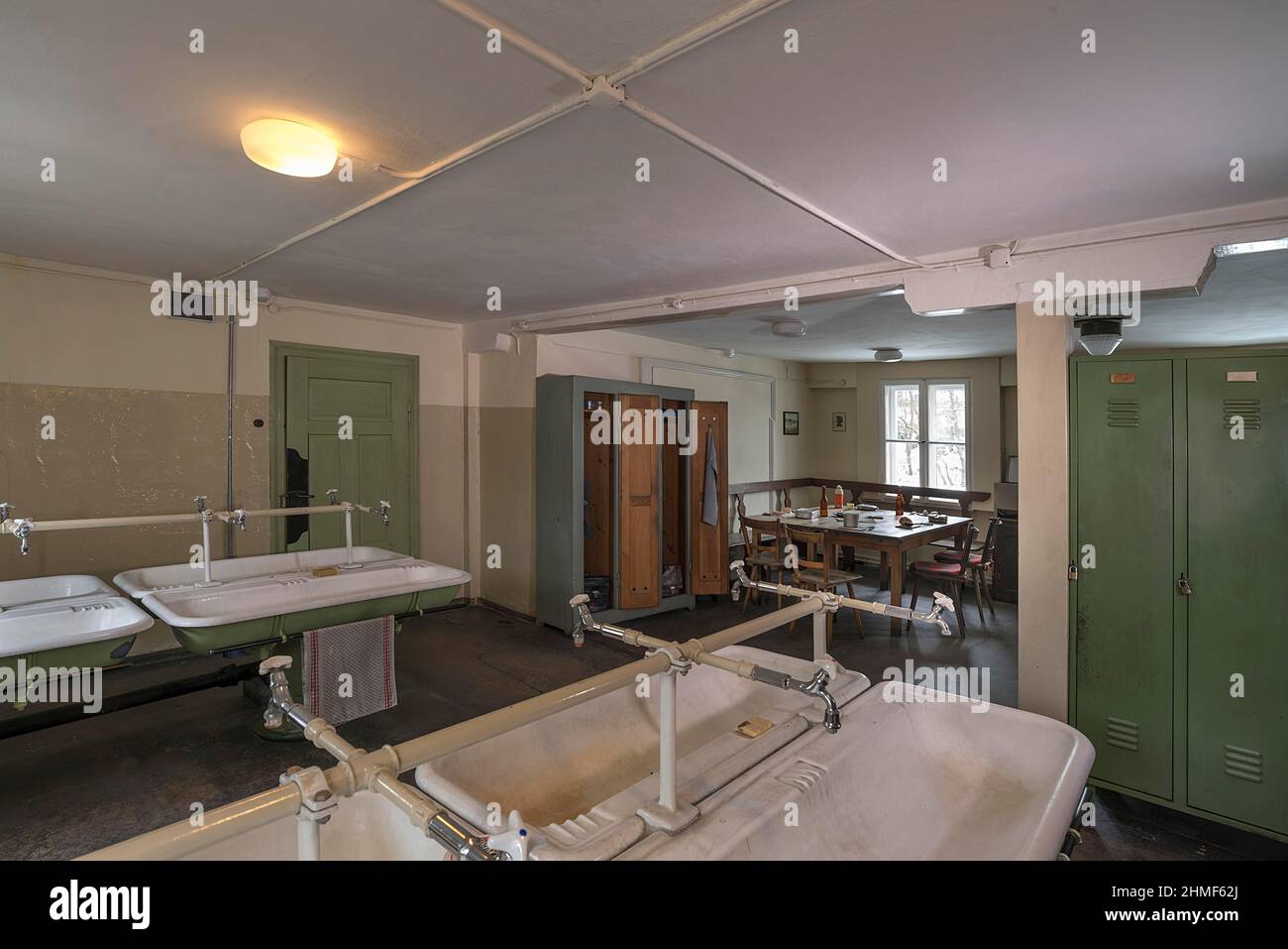 Former workers' canteen with washbasin in a historic valve factory, now the Lauf an der Pegnitz Industrial Museum, Middle Franconia, Bavaria, Germany Stock Photo