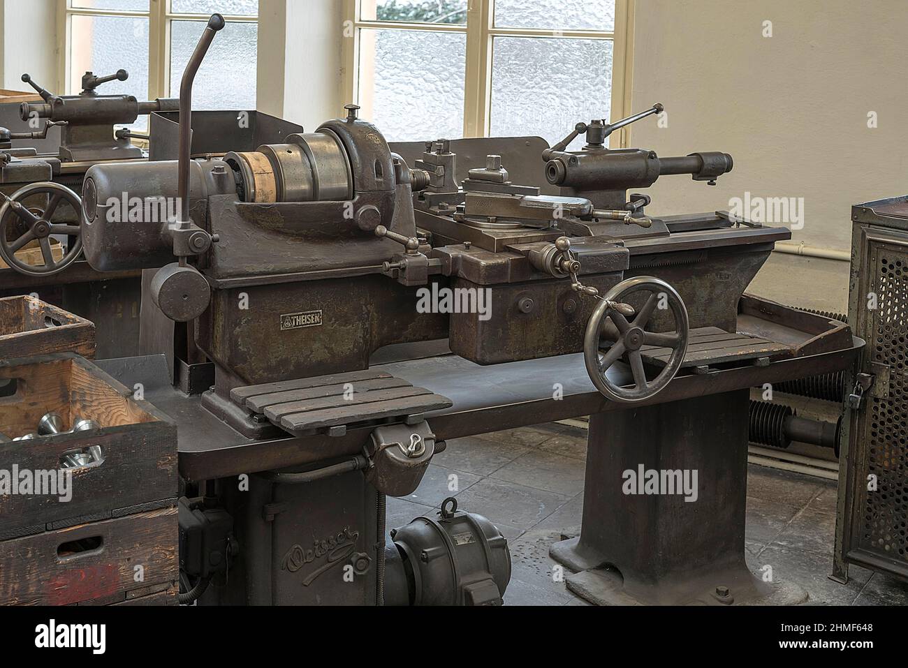 Lathe in a historic valve factory, now an industrial museum, Lauf an der Pegnitz, Middle Franconia, Bavaria, Germany Stock Photo