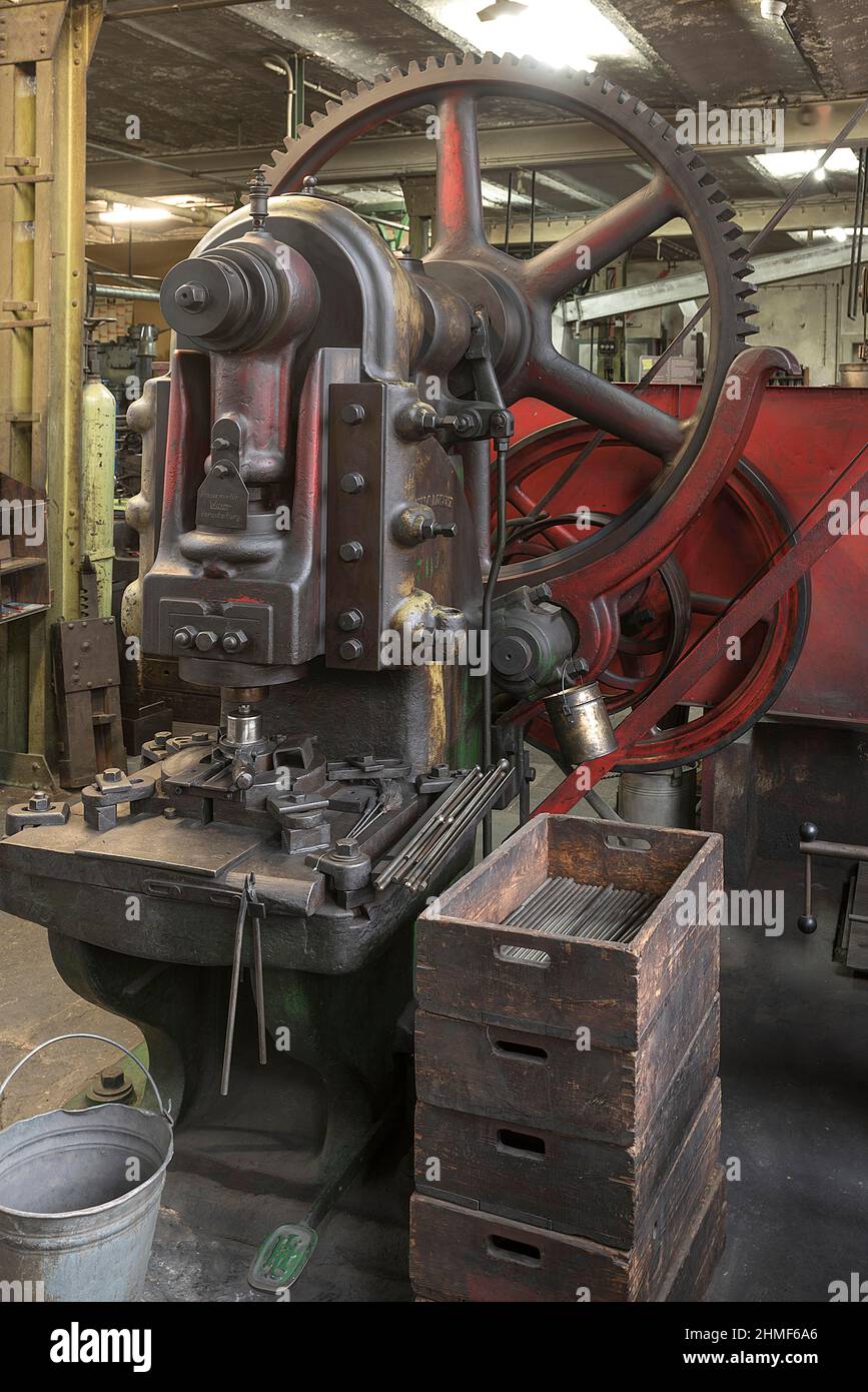Eccentric press for valve blanks in a former valve factory, now an industrial museum, Lauf an der Pegnitz, Middle Franconia, Bavaria, Germany Stock Photo