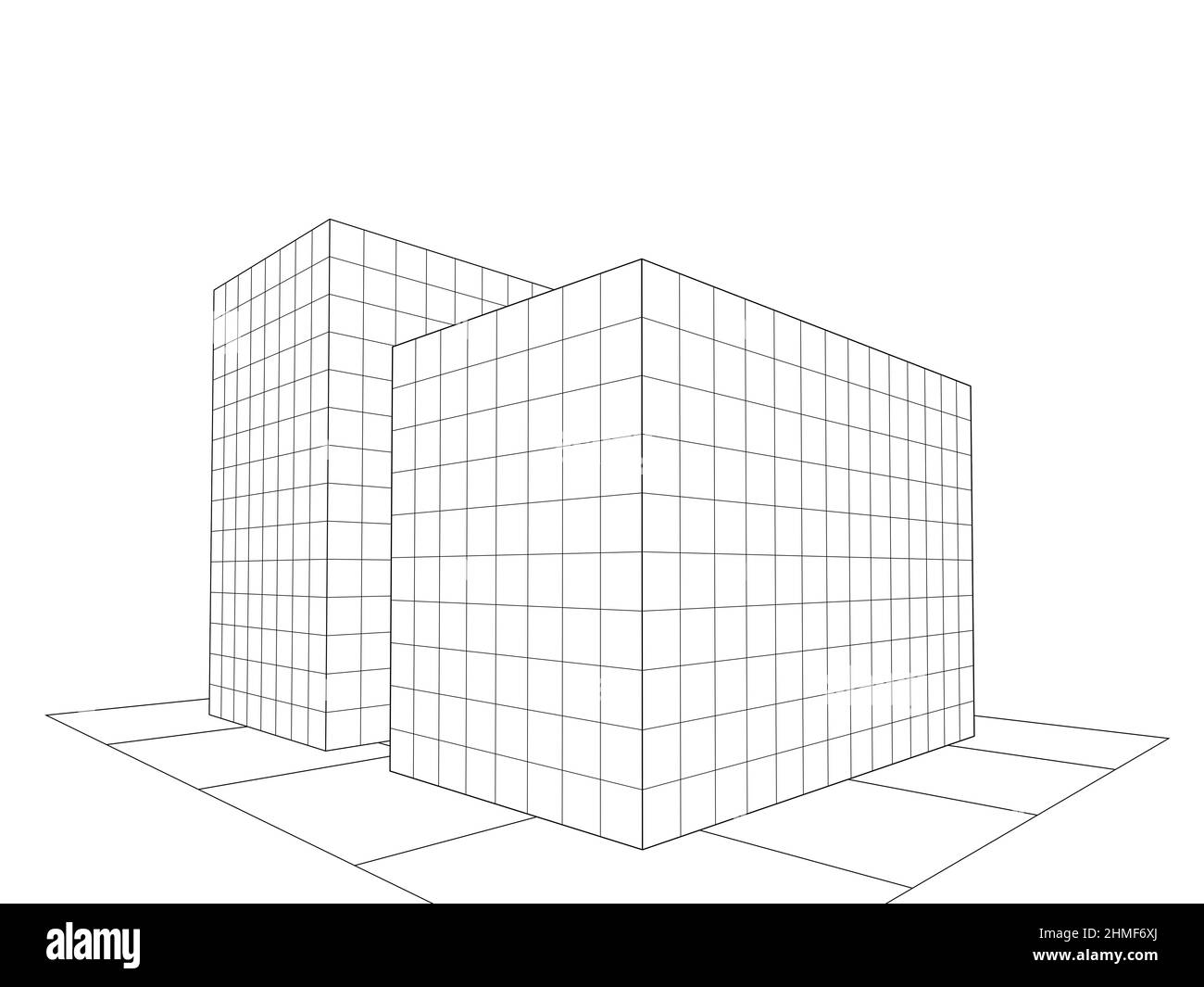perspective view of buildings wireframe, 3d illustration isolated on white background Stock Photo