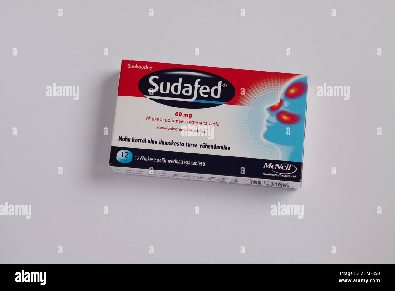 Tallinn, Estonia - 02.08.2022: Sudafed tablets by McNeil Healthcare. Pseudoephedrine nasal decongestant relieves sinus pressure and congestion. Stock Photo