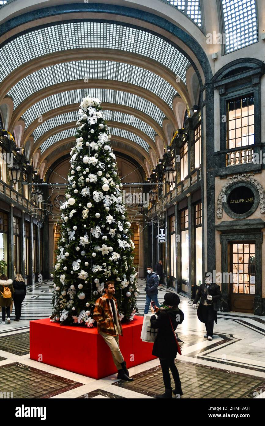 The traditional Christmas tree in Galleria San Federico, a historical shopping arcade in the center of Turin, Piedmont, Italy Stock Photo