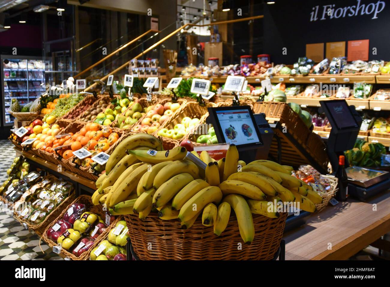 Interior of the grocery store Fiorfood Coop with fruit, vegetables and typical products in Galleria San Federico, Turin, Piedmont, Italy Stock Photo