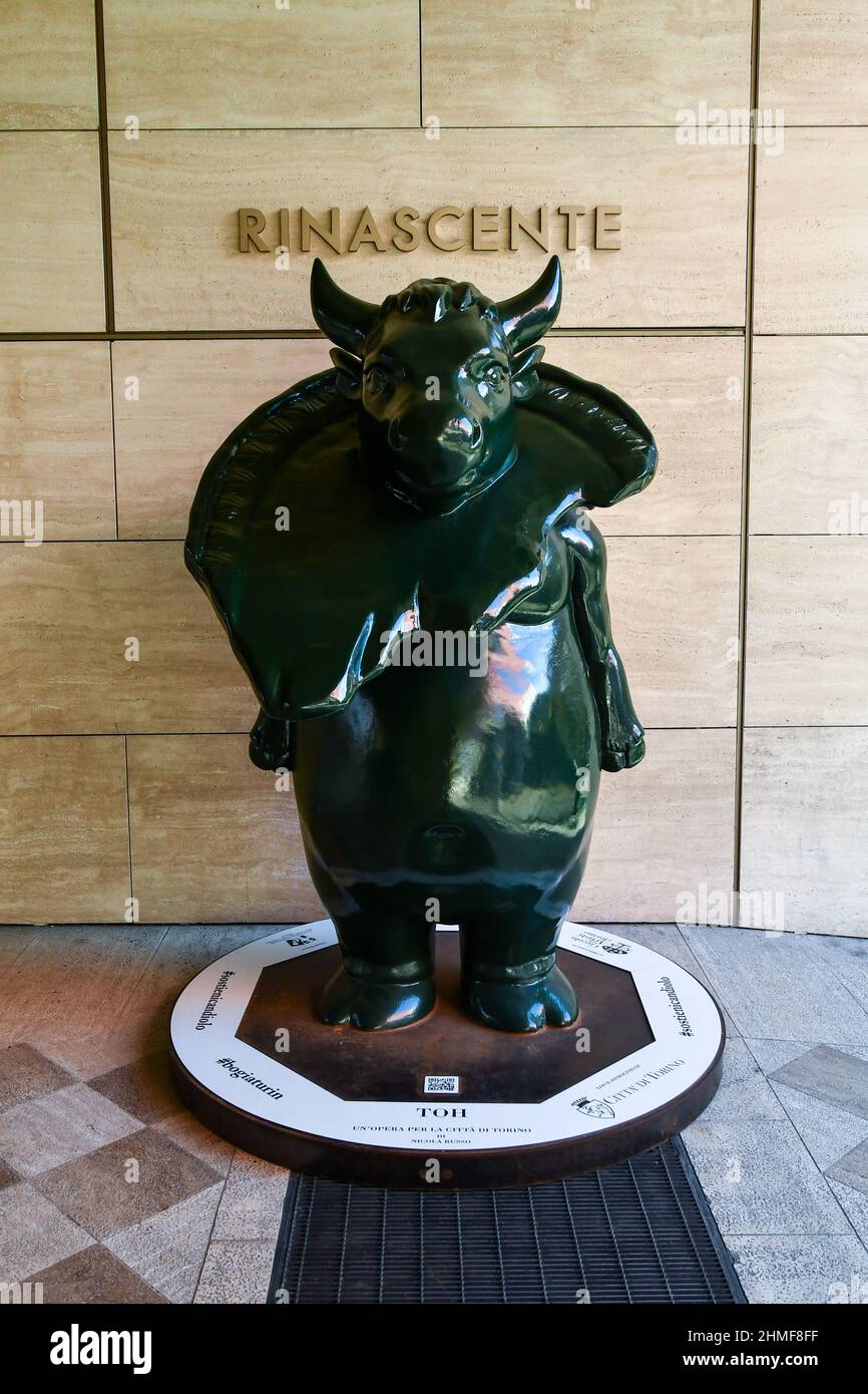'Tho', artwork by Nicola Russo inspired by the typical fountain of Turin, called 'toret' (little bull) and become a symbol of Turin, Piedmont, Italy Stock Photo