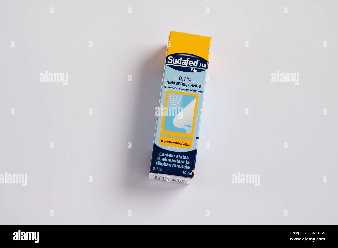 Tallinn, Estonia - 02.08.2022: Sudafed xylometazoline hydrochloride nasal spray by McNeil Healthcare to release clogged nose and cavities due to cold, Stock Photo