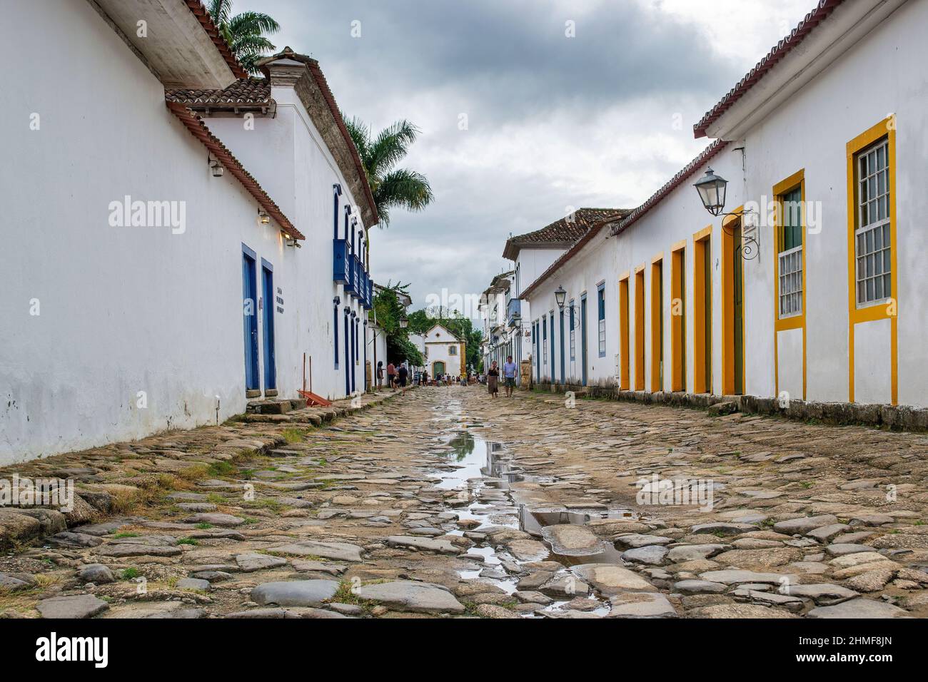 Cobblestone street and traditional old building architecture in Paraty. Paraty is a Portuguese style colonial village or town which is an important to Stock Photo