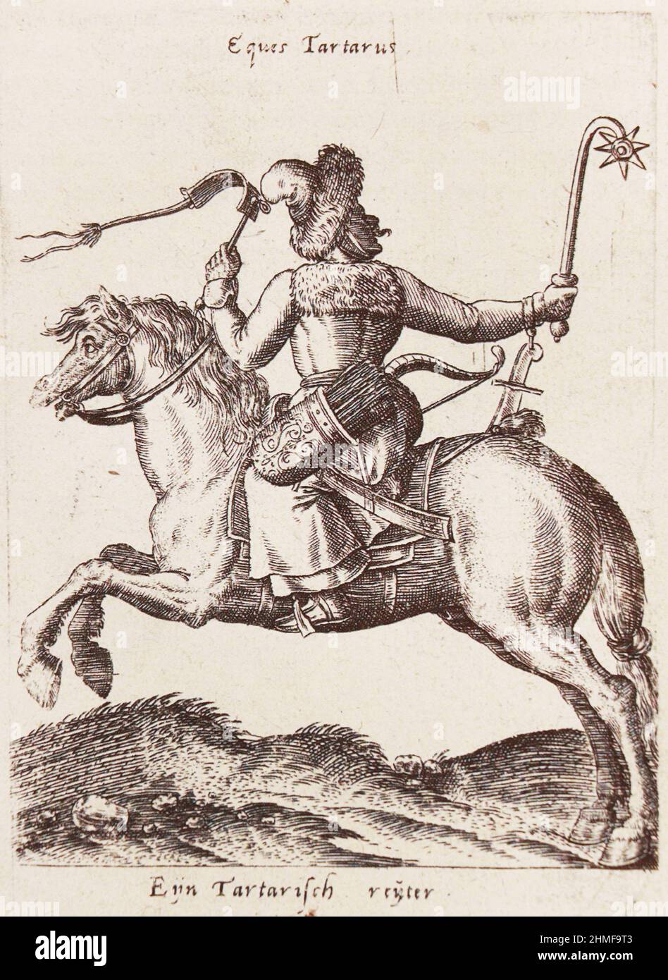 Crimean Tatar warrior horseman. Engraving from 1578. Stock Photo