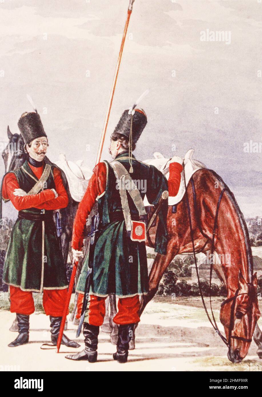 Officer and Cossack of the Cossack escort teams. Engraving from the 1790s. Stock Photo
