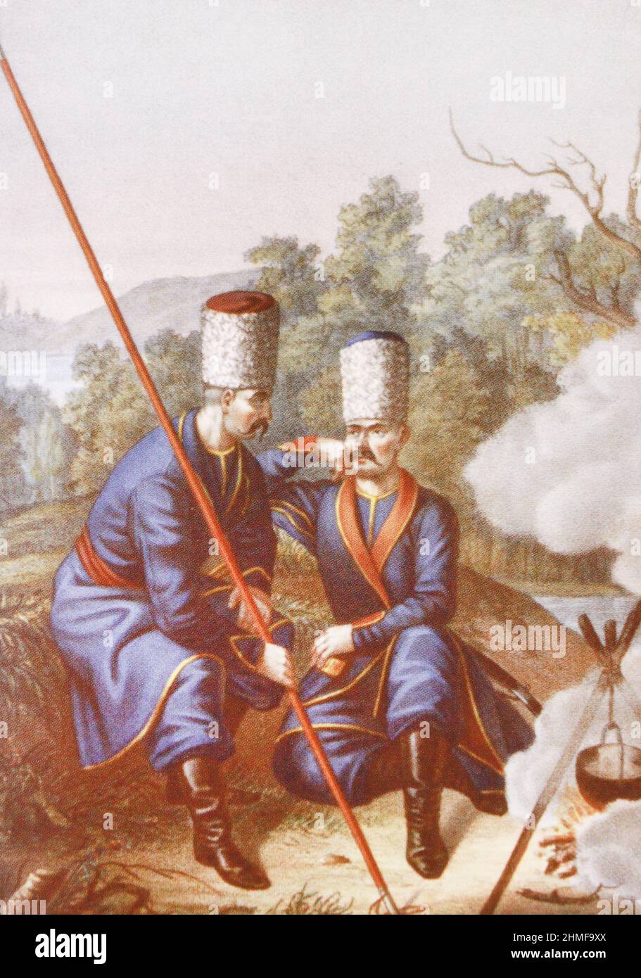 Yaitsky and Orenburg Cossacks. Engraving from 1774. Stock Photo