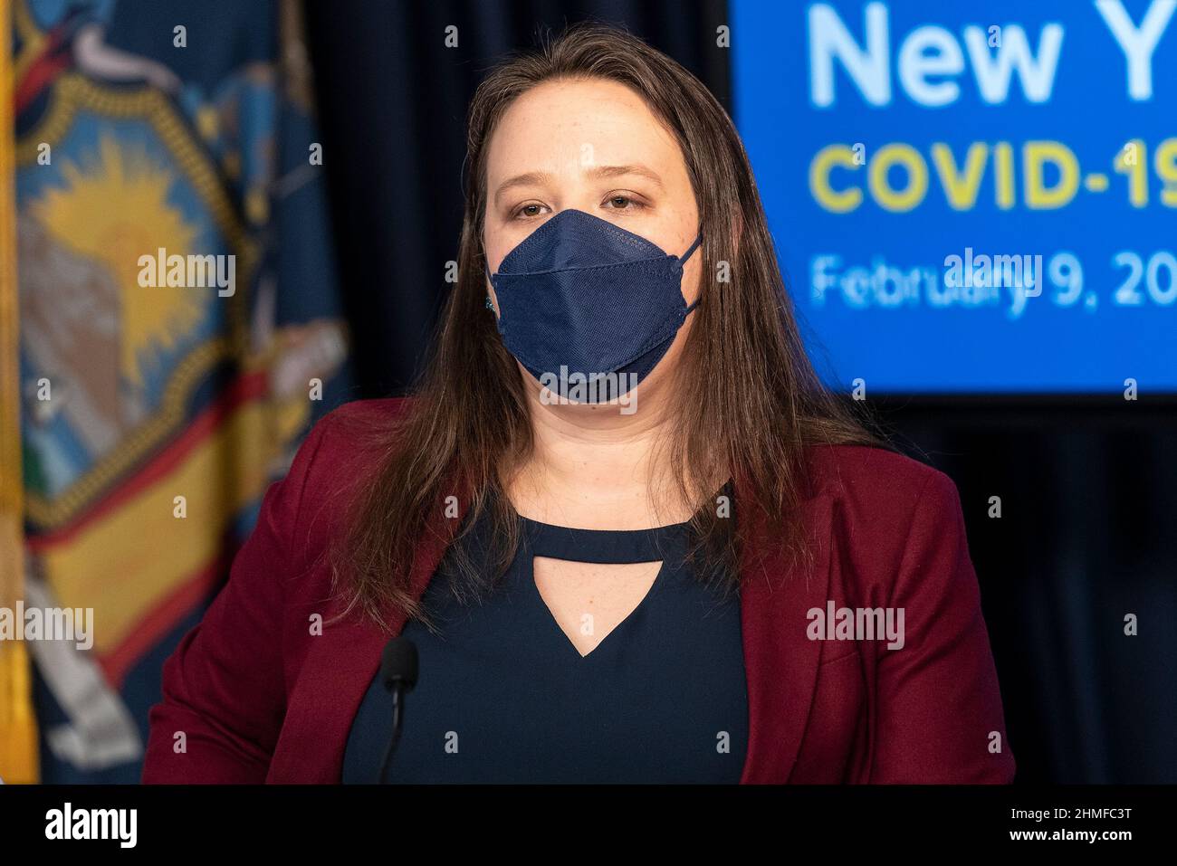 Jackie Bray, Commissioner, NYS Division of Homeland Security & Emergency Services attends NYS Governor Kathy Hochul announcement in NYC governor's office on February 9, 2022 lifting the indoor mask mandate for businesses effective February 10, 2022. Governor stated that the mandate will remain in effect at homeless shelters, healthcare centers, state-run nursing homes, correctional facilities, schools and daycares. Governor declined to lift the state's school mask requirement, citing low vaccination rate among 5-to 11-year-olds. Governor said that the state will evaluate the situation in the f Stock Photo