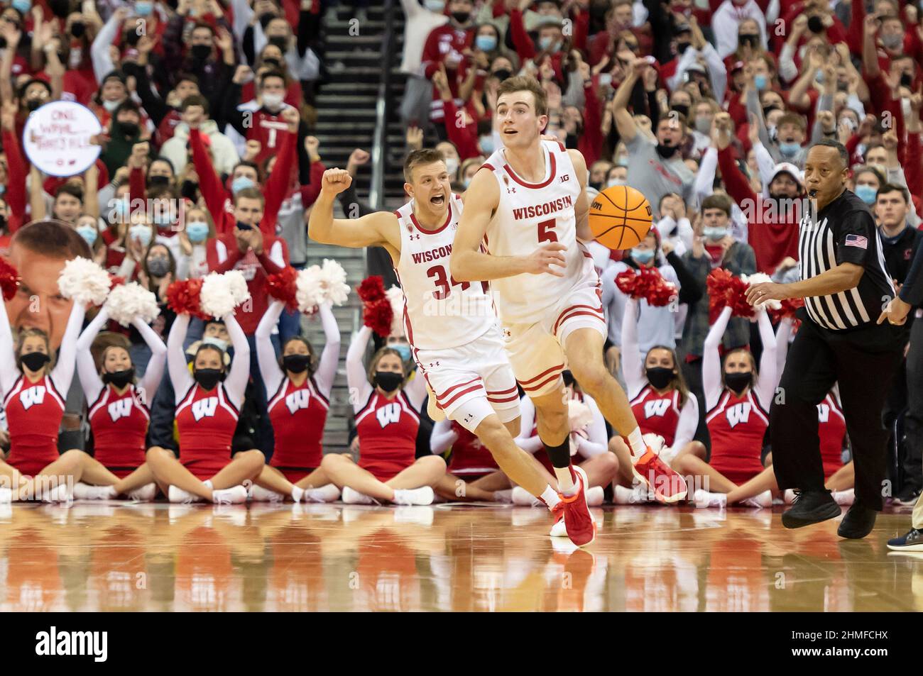 Madison, WI, USA. 5th Feb, 2022. Wisconsin Badgers forward Tyler Wahl #5 rebounds the ball with time running out and Wisconsin Badgers guard Brad Davison #34 celebrates during NCAA basketball game between the Penn State Nittany Lions and the Wisconsin Badgers at Kohl Center in Madison, WI. Wisconsin defeated Penn State 51-49. Kirsten Schmitt/CSM/Alamy Live News Stock Photo