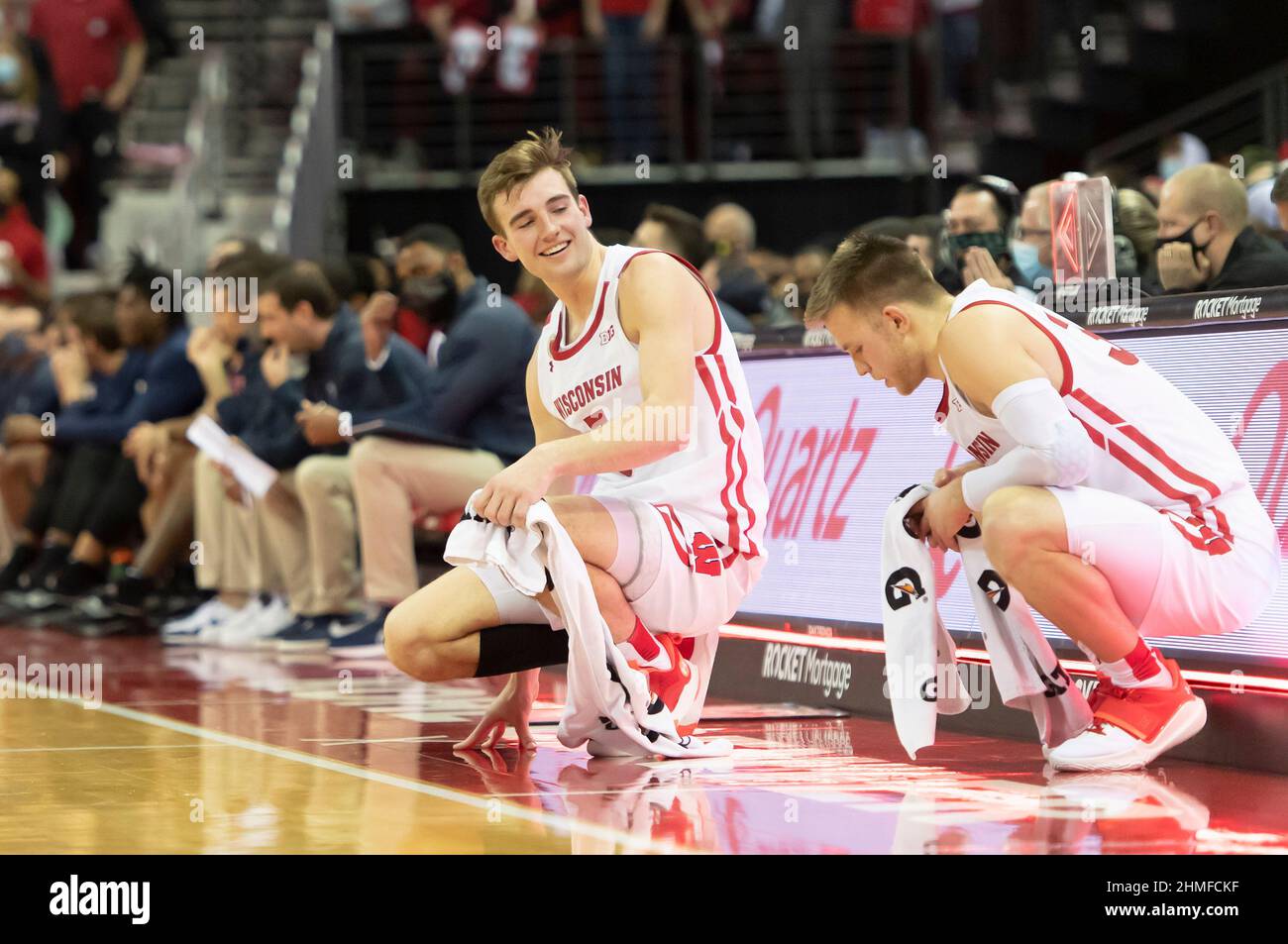 Madison, WI, USA. 5th Feb, 2022. Wisconsin Badgers forward Tyler Wahl #5 and Wisconsin Badgers guard Brad Davison #34 wait to come into the game during NCAA basketball game between the Penn State Nittany Lions and the Wisconsin Badgers at Kohl Center in Madison, WI. Wisconsin defeated Penn State 51-49. Kirsten Schmitt/CSM/Alamy Live News Stock Photo