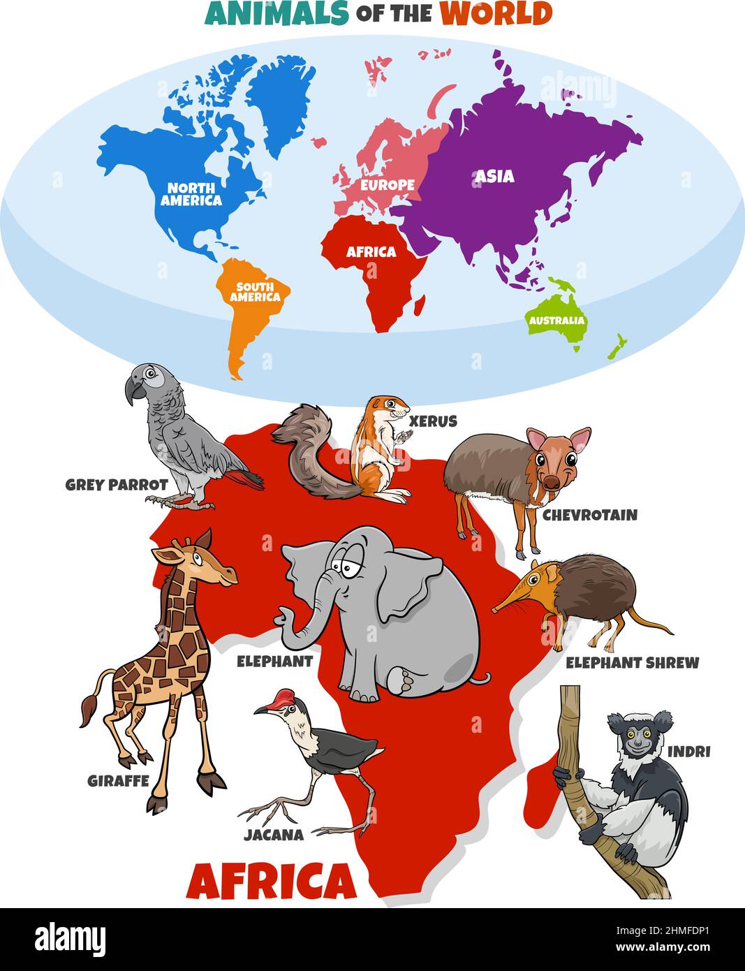 Educational illustration with cartoon African animal species and world map with continents shapes Stock Vector