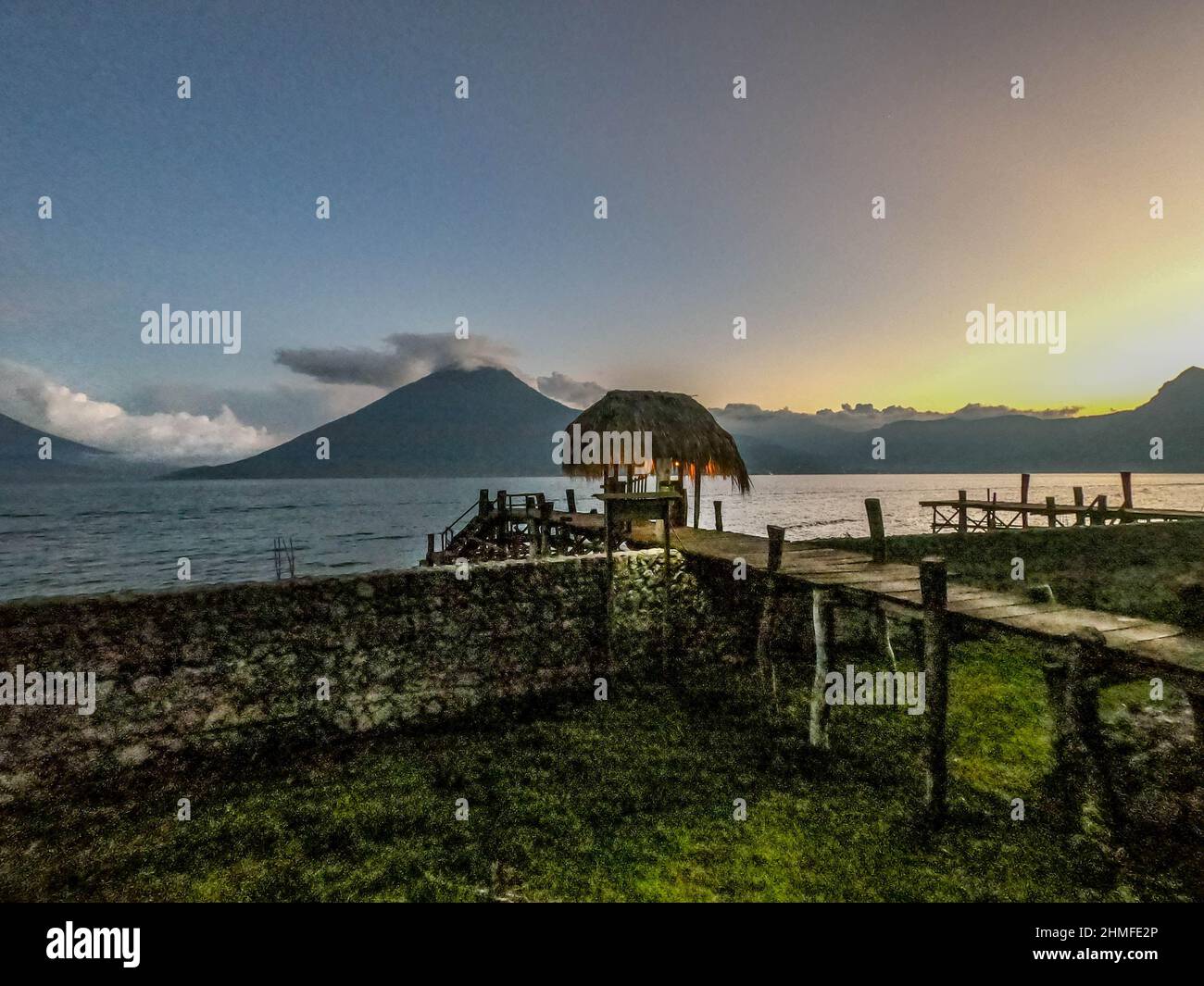 Sunset on the pier, Lake Atitlan, San Marcos, Guatemala Stock Photo