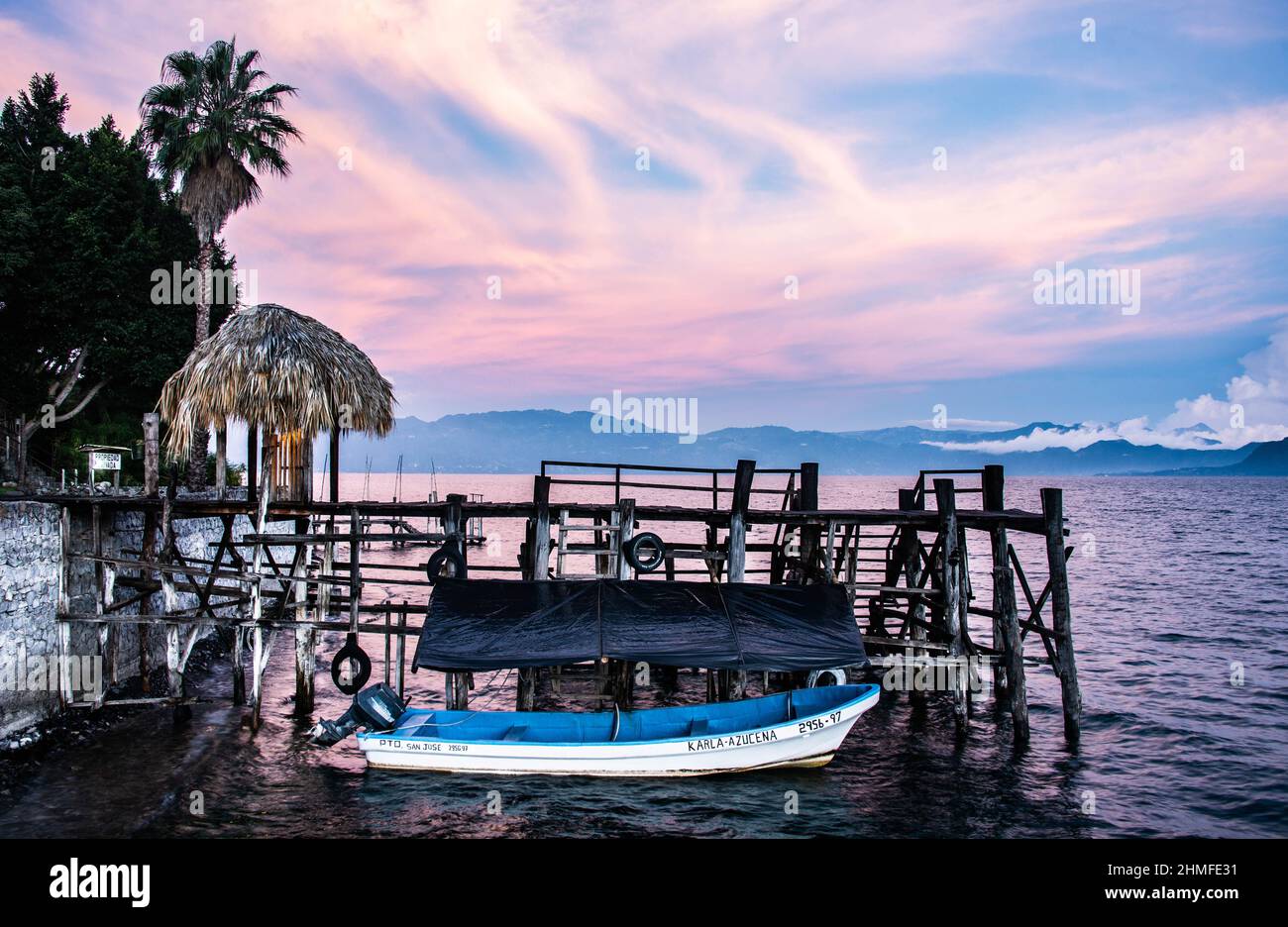 Sunset on the pier, Lake Atitlan, San Marcos, Guatemala Stock Photo