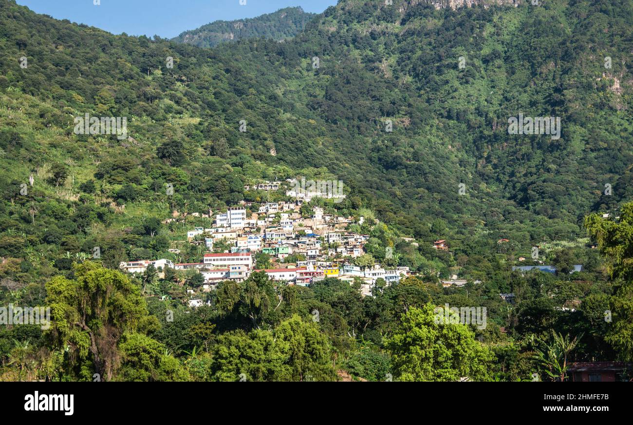 View of the surrounding villages and the beautiful Lake Atitlan in the Guatemalan highlands, Solola, Guatemala Stock Photo
