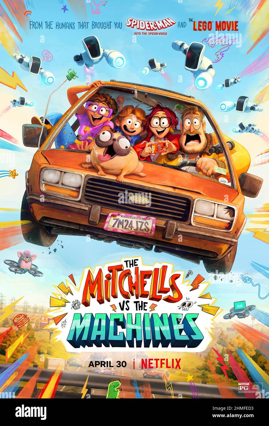 The Mitchells vs the Machines (2021) directed by Michael Rianda and Jeff Rowe and starring Abbi Jacobson, Danny McBride and Maya Rudolph. A quirky, dysfunctional family's road trip is upended when they find themselves in the middle of the robot apocalypse and suddenly become humanity's unlikeliest last hope. Stock Photo