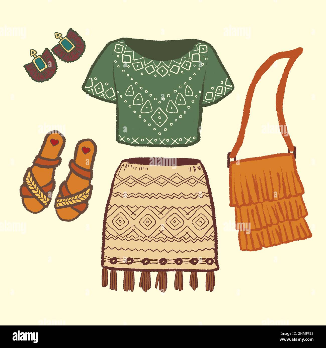 Boho style clothes vector illustration. Bohemian fashion look for woman:  skirt, t-shirt, sandals and accessories Stock Vector Image & Art - Alamy