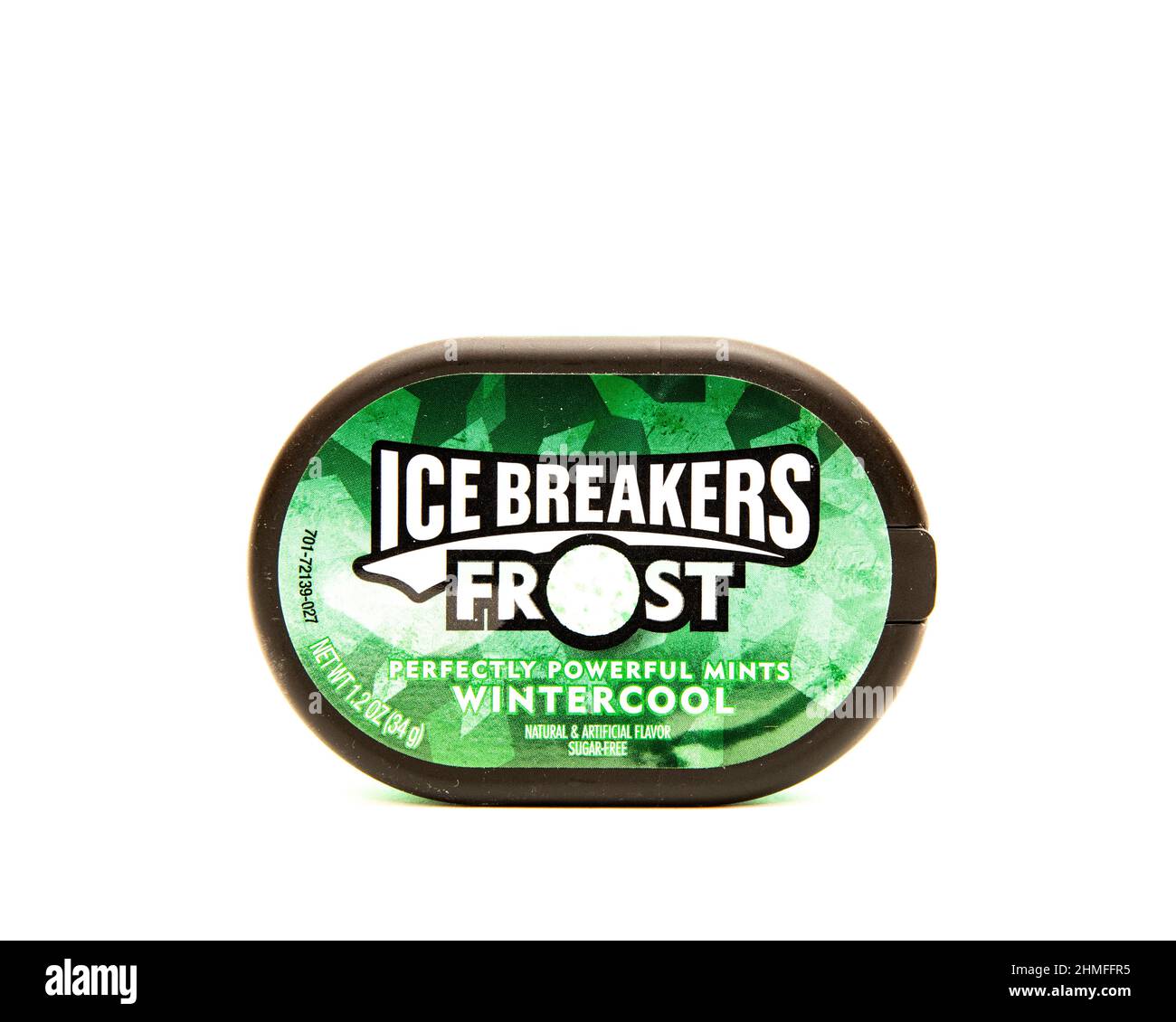 A plastic tin of Wintercool Ice Breakers Frost sugar free hard candies Stock Photo