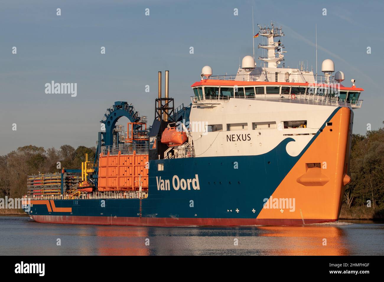 Cable Layer Ship Nexus On The Nord Ostsee Kanal In Hochdonn Stock cable-layer-ship-nexus-on-the-nord-ostsee-kanal-in-hochdonn-stock