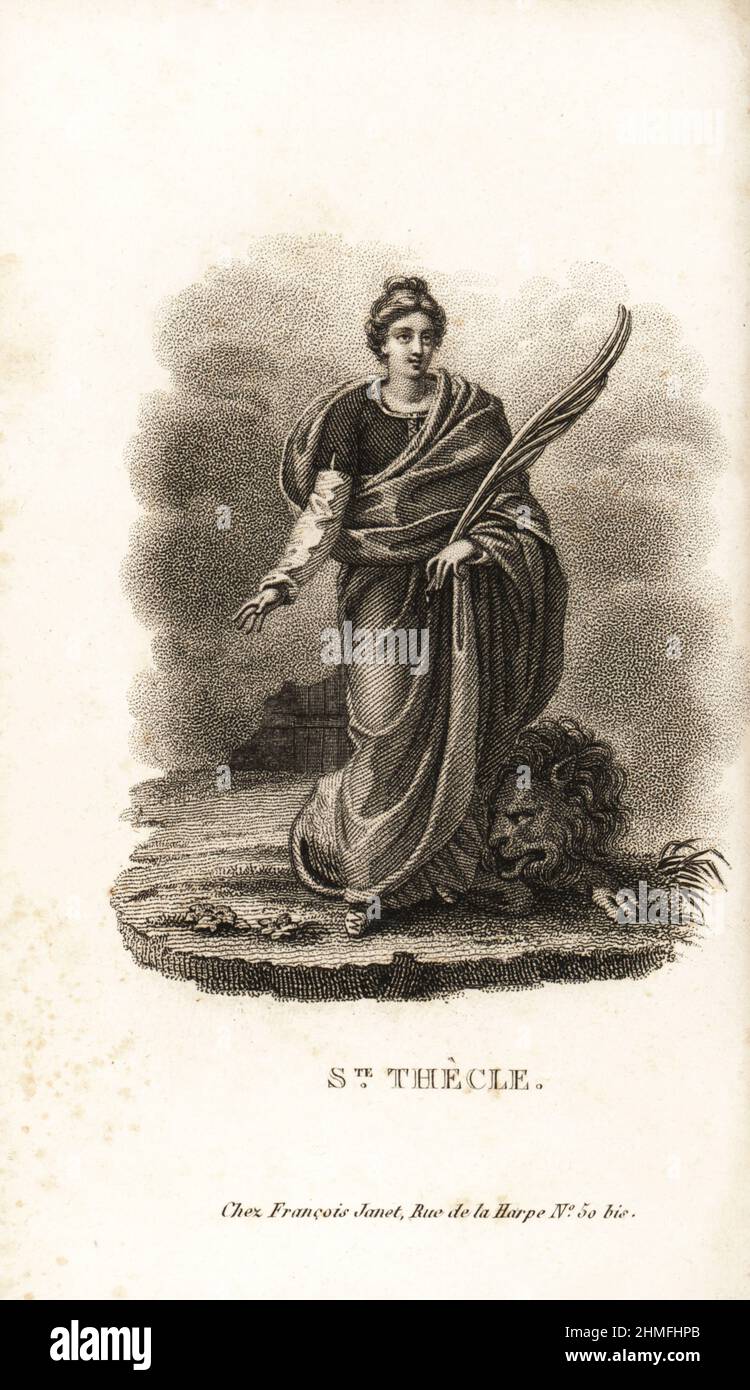 Saint Thecla, Sainte-Thecle, 1st century saint and virgin martyr of the Christian Church, follower of Paul the Apostle. Shown holding a palm of martyrdom with a male lion licking her feet. Sentenced to be eaten by wild beasts, she was saved by lionesses. Copperplate stipple engraving from Mr. M. E’s Les Jeunes Martyres de la Foi Chretienne, Young Martyrs of the Christian Faith, Francois Janet, Paris, 1819. Stock Photo
