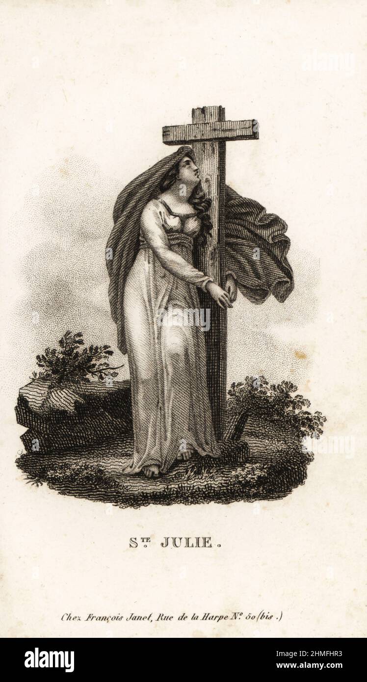 Saint Julia of Corsica, Sainte-Julie, martyred 450. Christian virgin martyr, 5th century. Cathaginian girl who was tortured and finally crucified on Corsica, 450 AD. Depicted embracing a cross. Copperplate stipple engraving from Mr. M. E’s Les Jeunes Martyres de la Foi Chretienne, Young Martyrs of the Christian Faith, Francois Janet, Paris, 1819. Stock Photo