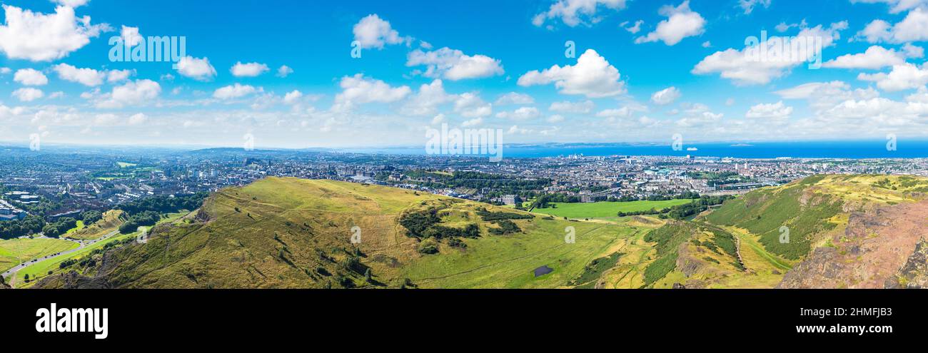 Cityscape of Edinburgh from Arthur's Seat in a beautiful summer day, Scotland, United Kingdom Stock Photo