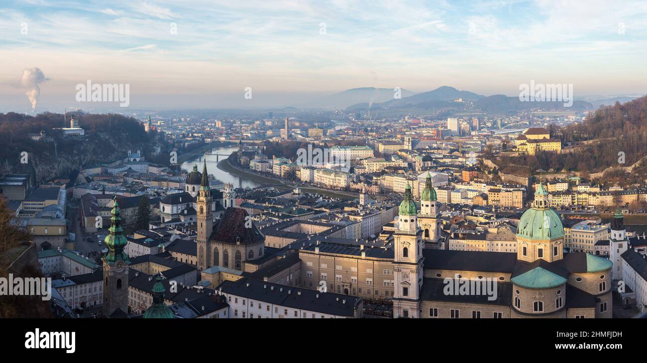 Panoramic aerial view of Salzburg Cathedral, Austria in a beautiful day Stock Photo