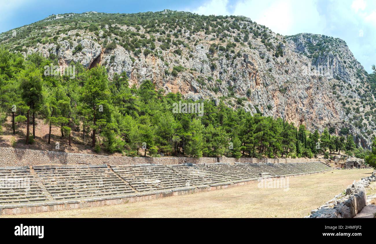 Ancient stadium in Delphi, Greece in a summer day Stock Photo