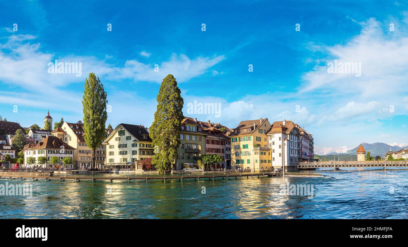 Panorama of Historical city center of Lucerne and Jesuit church in a beautiful summer day, Switzerland Stock Photo