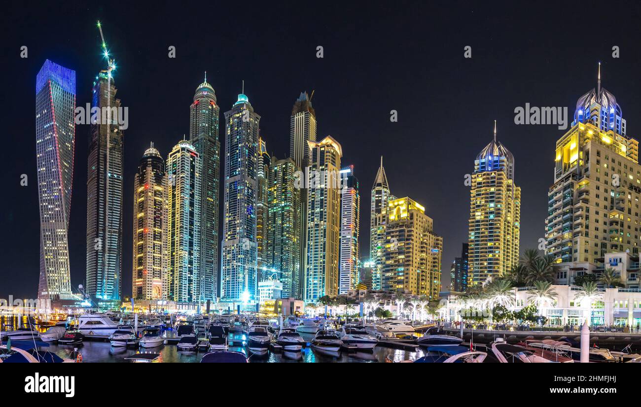 Panorama of Dubai marina in a summer night, Dubai, UAE. Stock Photo