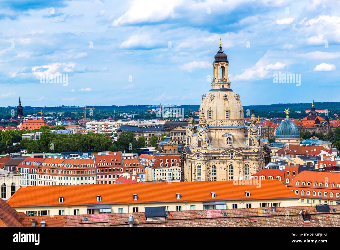 Panoramic and aerial view of  Dresden and Frauenkirche church in summer day Stock Photo