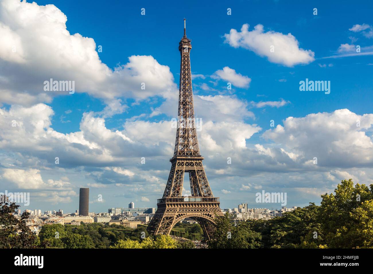 Aerial view of the Eiffel Tower in Paris, France in a beautiful summer day Stock Photo