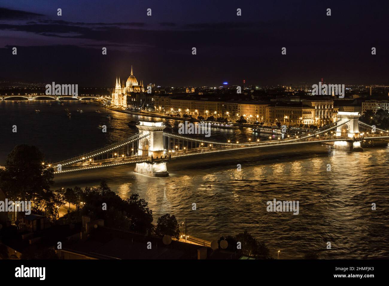 Budapest at evening, Chain Bridge and Parliament Building. Stock Photo
