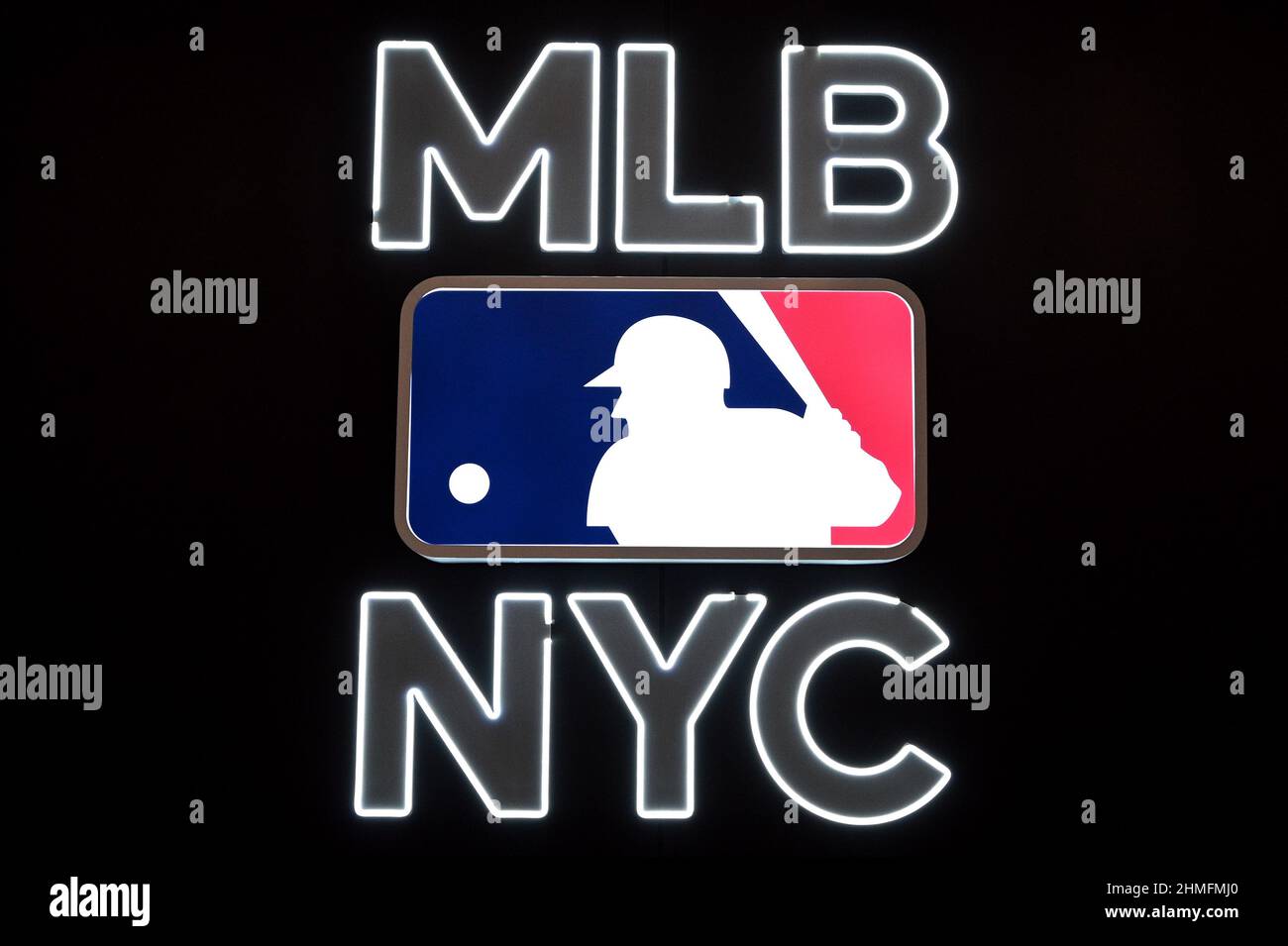 New York, USA. 09th Feb, 2022. A neon Major League Baseball logo inside the  MLB retail store on Avenue of the Americas in New York, NY, February 9,  2022. With no resolution