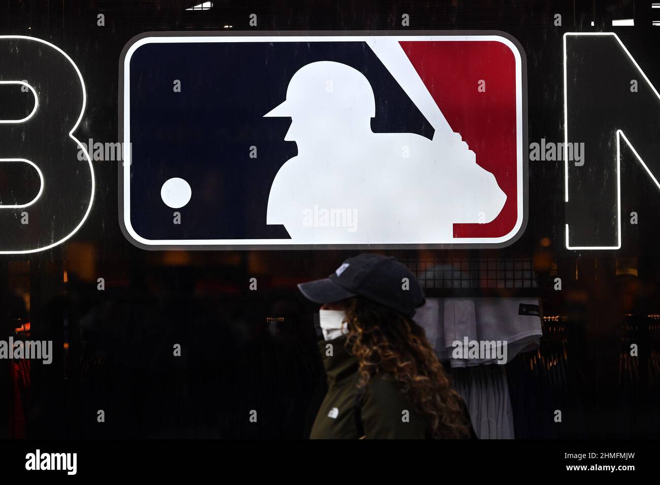 New York, USA. 09th Feb, 2022. A neon Major League Baseball logo inside the  MLB retail store on Avenue of the Americas in New York, NY, February 9,  2022. With no resolution