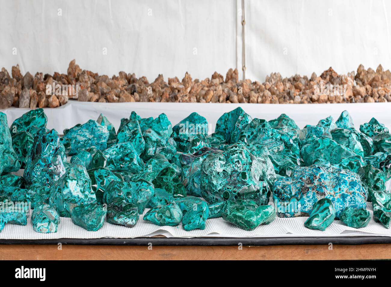 Azurite and Malachite Specimens for sale at the International Gem and Mineral Show in Tucson, Arizona Stock Photo