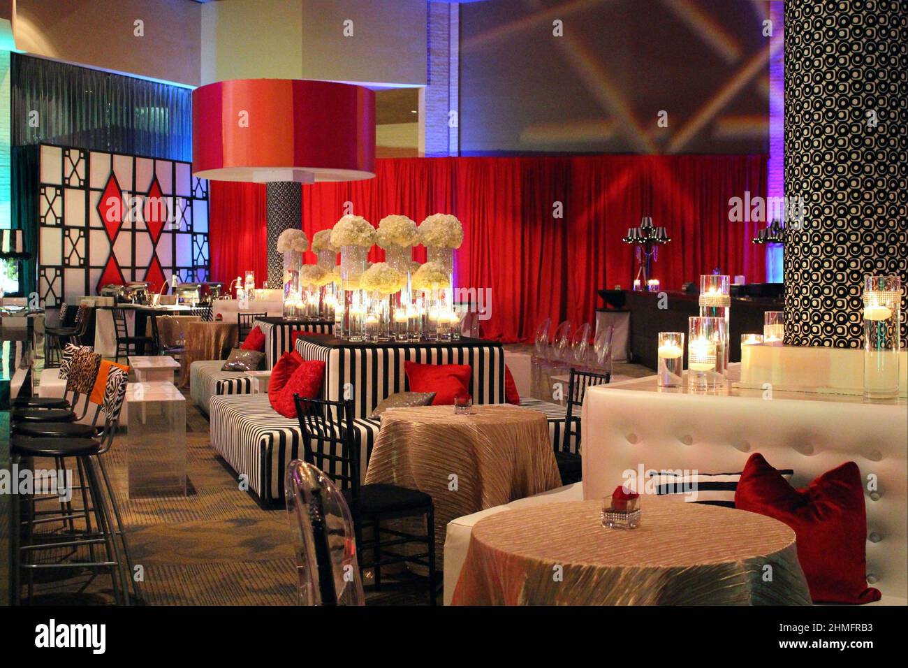 Cocktail dinner party event at a restaurant lounge with bold colors and