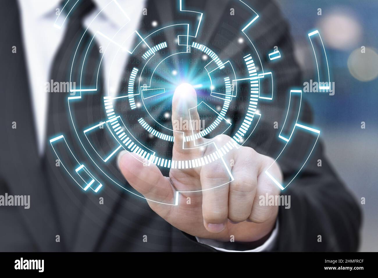 Creating innovative technologies. Business hand touching on data network connection. Science and artificial intelligence technology. Concept of innova Stock Photo