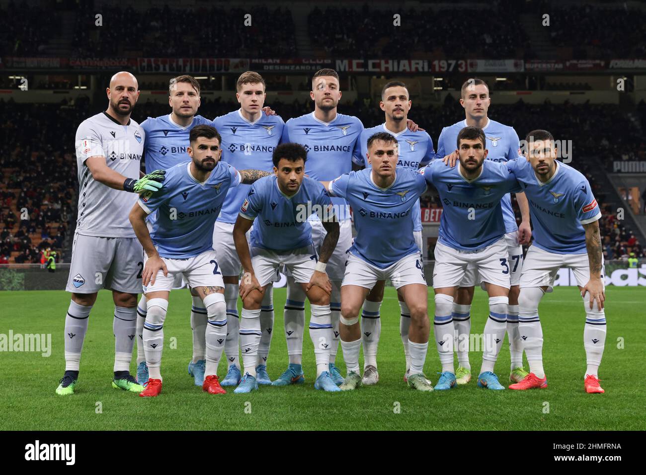 Milan, Italy, 9th February 2022. The SS Lazio starting eleven line up prior to kick off, back row ( L to R ); Pepe Reina, Ciro Immobile, Toma Basic, Sergej Milinkovic-Savic, Luis Felipe and Adam Marusic, front row ( L to R ); Elseid Hysaj, Felipe Anderson, Gil Patric, Danilo Cataldi and Mattia Zaccagni, in the Coppa Italia match at Giuseppe Meazza, Milan. Picture credit should read: Jonathan Moscrop / Sportimage Credit: Sportimage/Alamy Live News Stock Photo