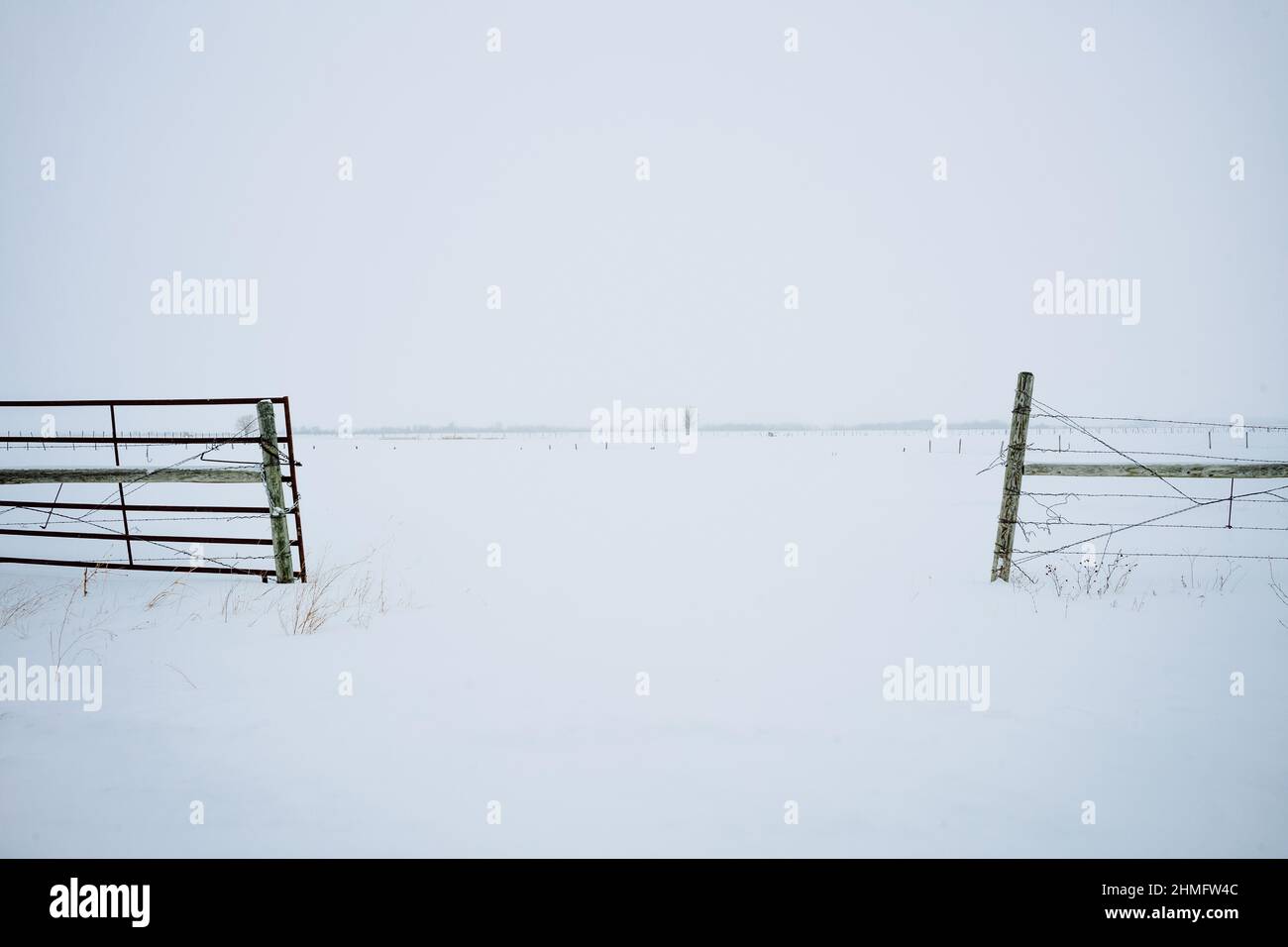 Quiet view opening in fence with snow covered field Stock Photo